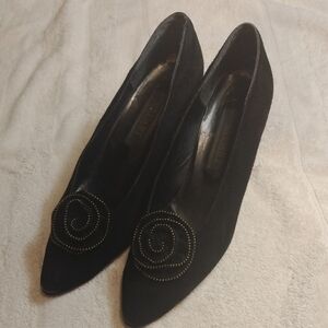 Vintage Black 3 Inch Heel‎ Designer Stuart Weitzman Leather Flower Shoes Size 10